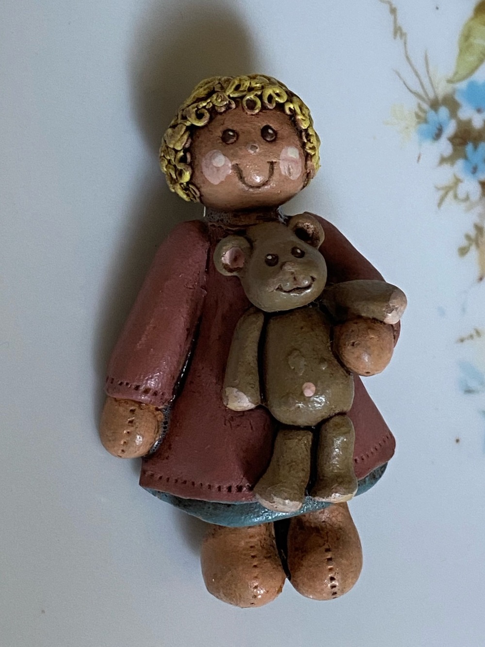 Vintage Artisan Rag Doll w/ Teddy Bear Brooch Pin